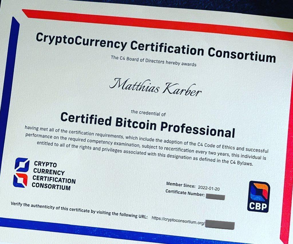 Certificate for Certified Bitcoin Professional awarded by CryptoCurrency Certification Consortium.